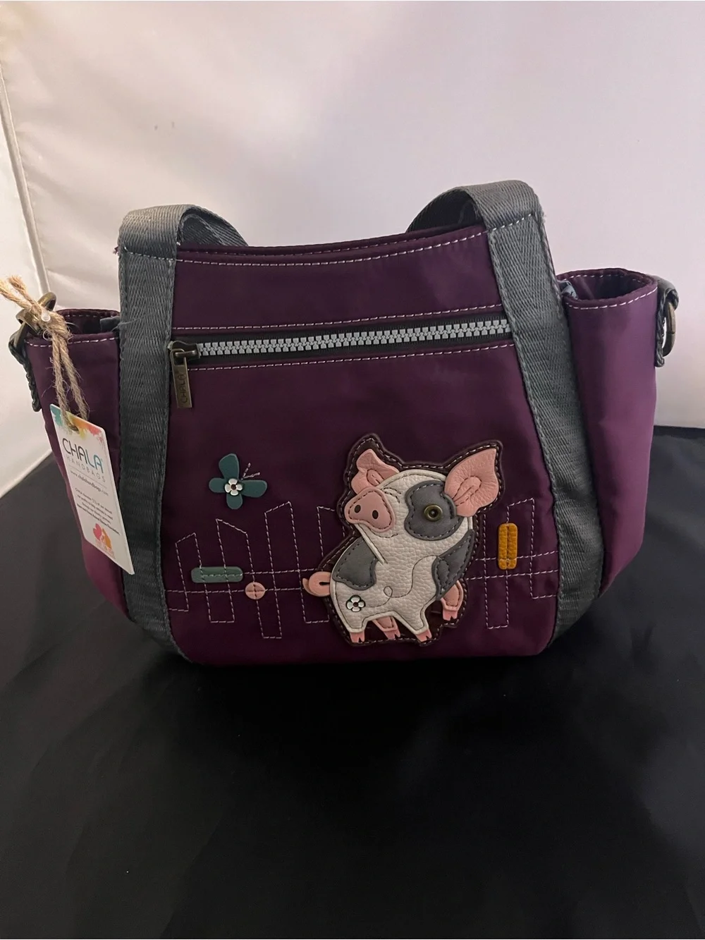 Chala Plum Shoulder Bag with Pig Applique and Gray Straps